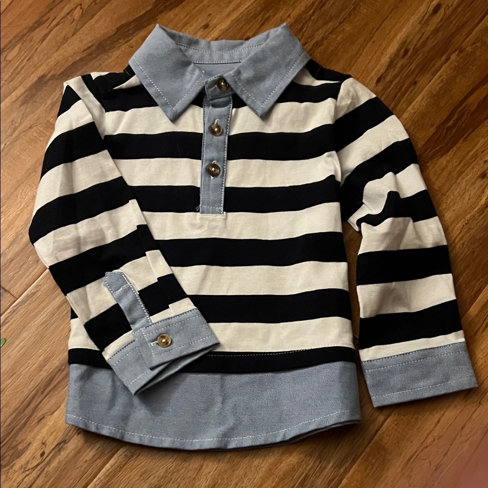Mud Pie Navy and White Striped Kids Shirt with Denim Details NWT